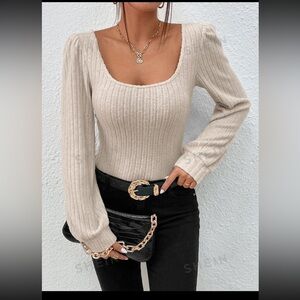 2/$30 square scoop neck lantern long sleeve bodysuit large cream tan apricot